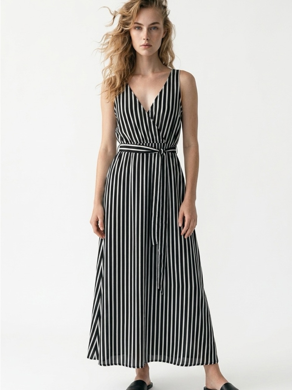 Striped V-Neck Black & White Maxi Dress with Self-Tie Waist